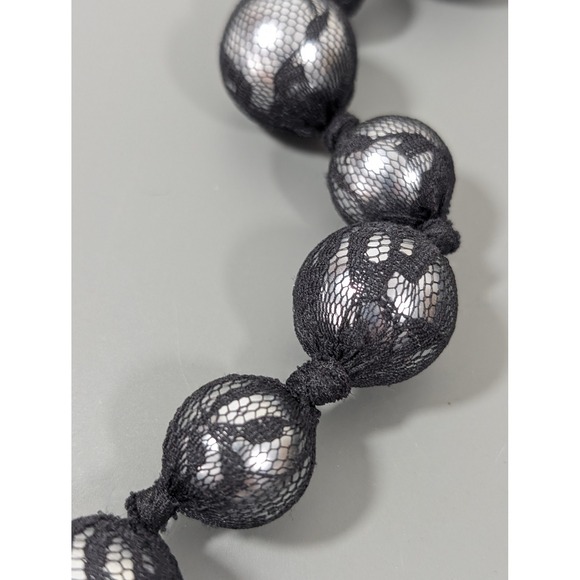 Gray Glass Faux Pearl Necklace Black Lace Tie Back Gothic Romantic Statement 26" - Picture 6 of 10